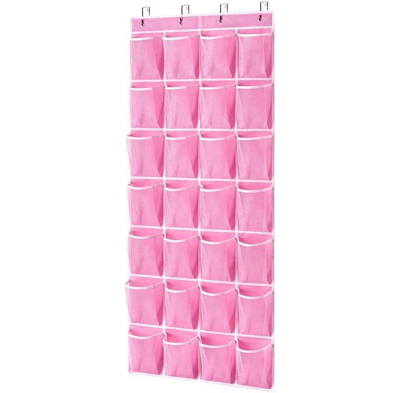 KEEPJOY 28 Pockets Hanging Shoe Organizer  Over the Door Shoe Organizer  Hanging Door Shoe Holder Rack with Mesh Pockets Large Size 65 x 23 Inch (Pink-1Pack) - Image 1